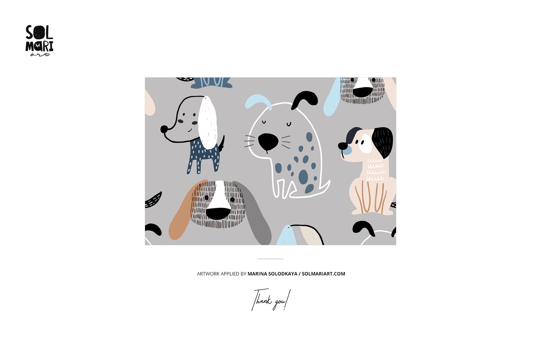 Front view of a baby chest rompersuit mockup featuring a playful dog pattern in blue, gray, and beige tones on a light gray background.