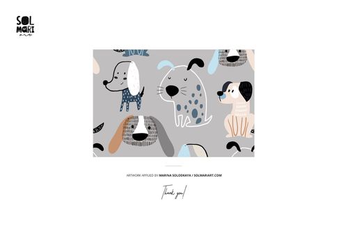 Front view of a baby chest rompersuit mockup featuring a playful dog pattern in blue, gray, and beige tones on a light gray background.