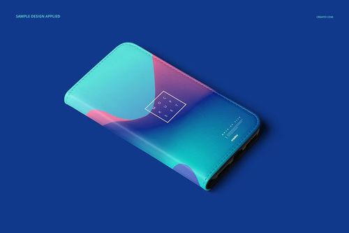 Foldable iPhone 8 case mockup with a smooth gradient design in blue, teal, and pink on a solid blue background.