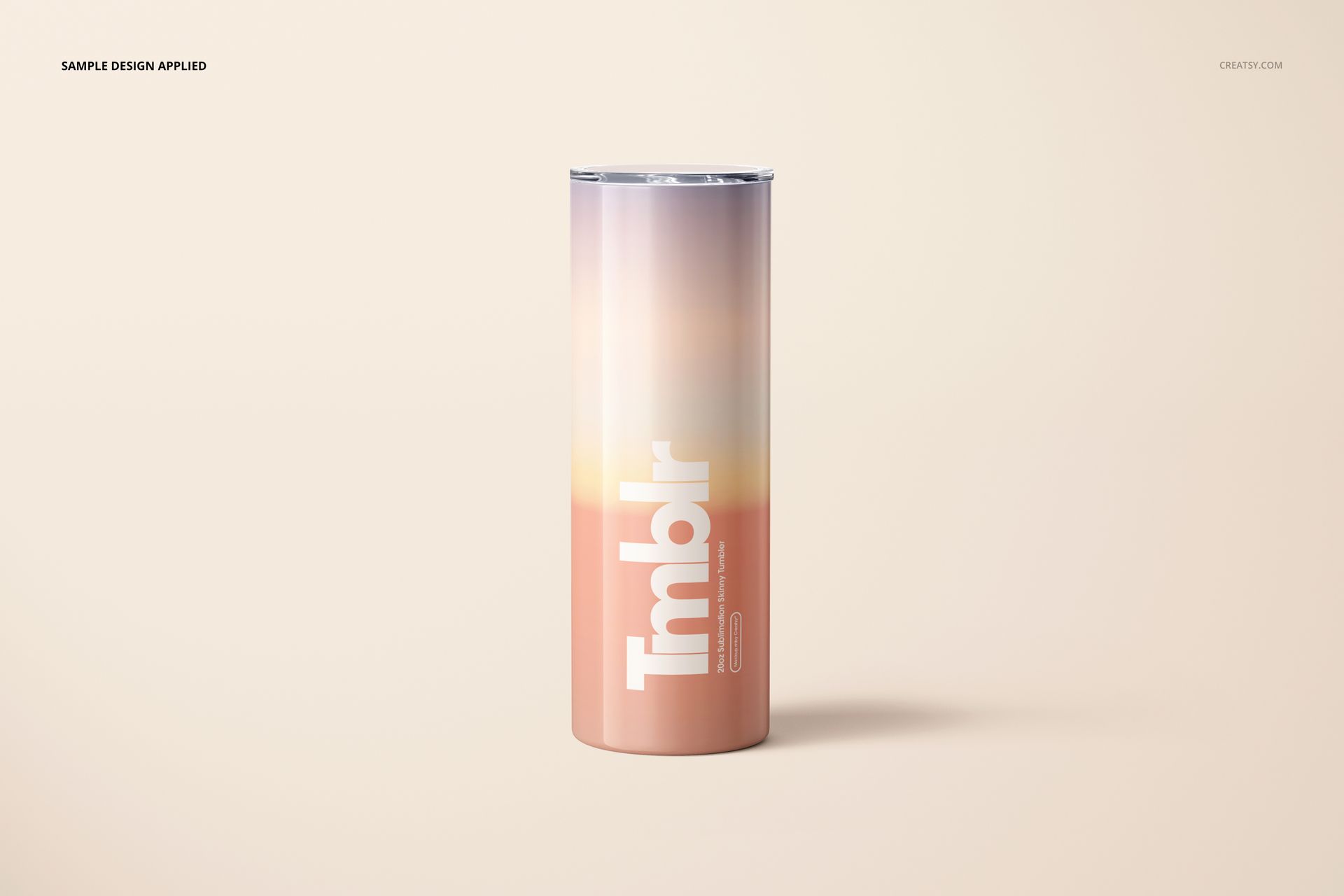 Front view of a 20oz skinny tumbler with a pastel gradient design and white text, set against a light background.