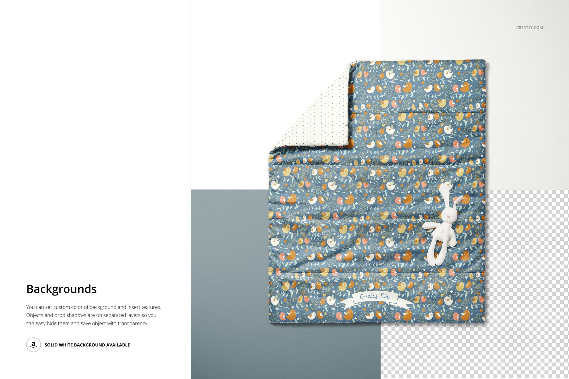 Baby patchwork quilt mockup shown from above, featuring playful animal prints and a small white stuffed bunny on top.
