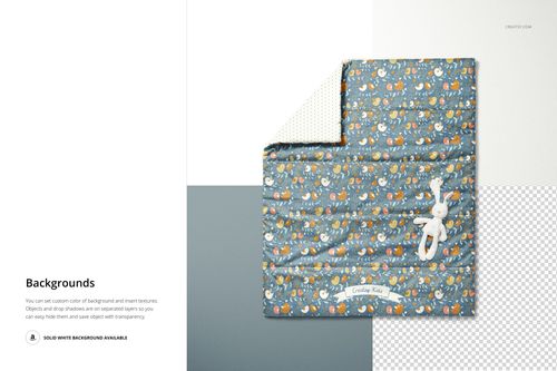 Baby patchwork quilt mockup shown from above, featuring playful animal prints and a small white stuffed bunny on top.