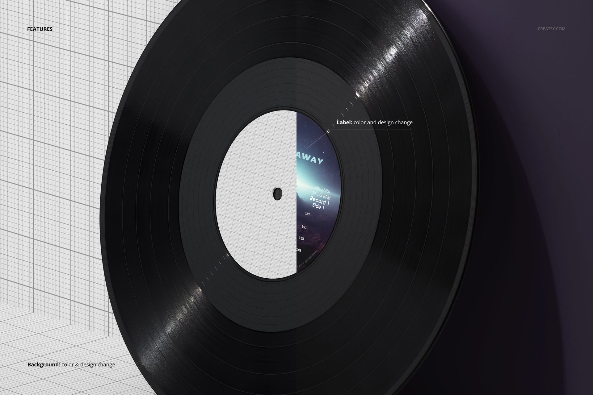 Black vinyl record leaning upright against a wall with a grid pattern background, shown in a front view mockup.