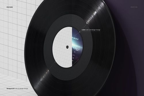 Black vinyl record leaning upright against a wall with a grid pattern background, shown in a front view mockup.