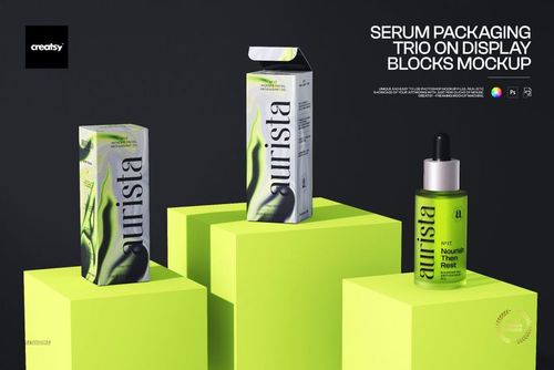 Serum Packaging Trio on Display Blocks Mockup - mockup preview 1