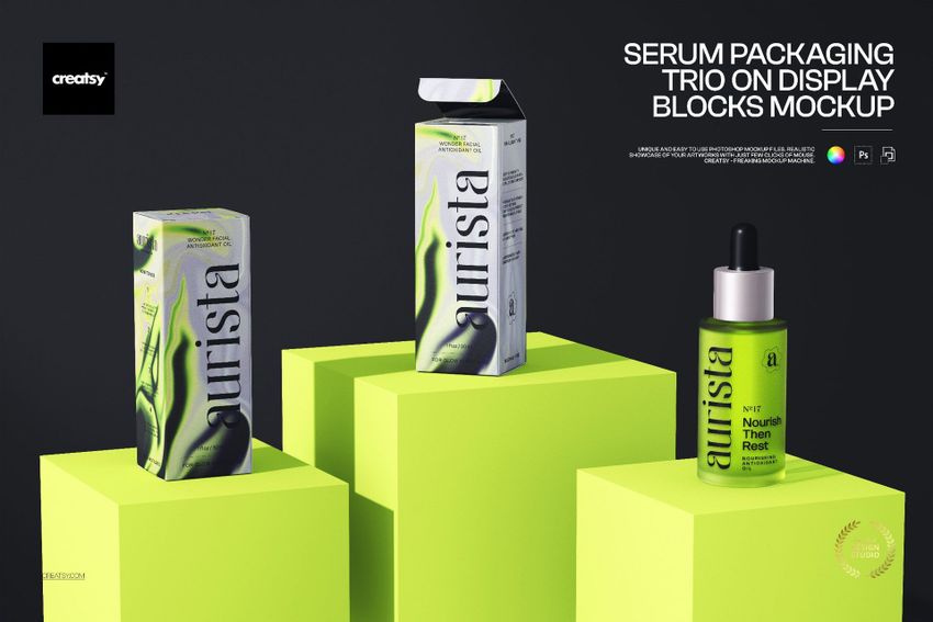 PSD mockup of serum packaging set with two boxes and a green dropper bottle, shown on geometric neon blocks.