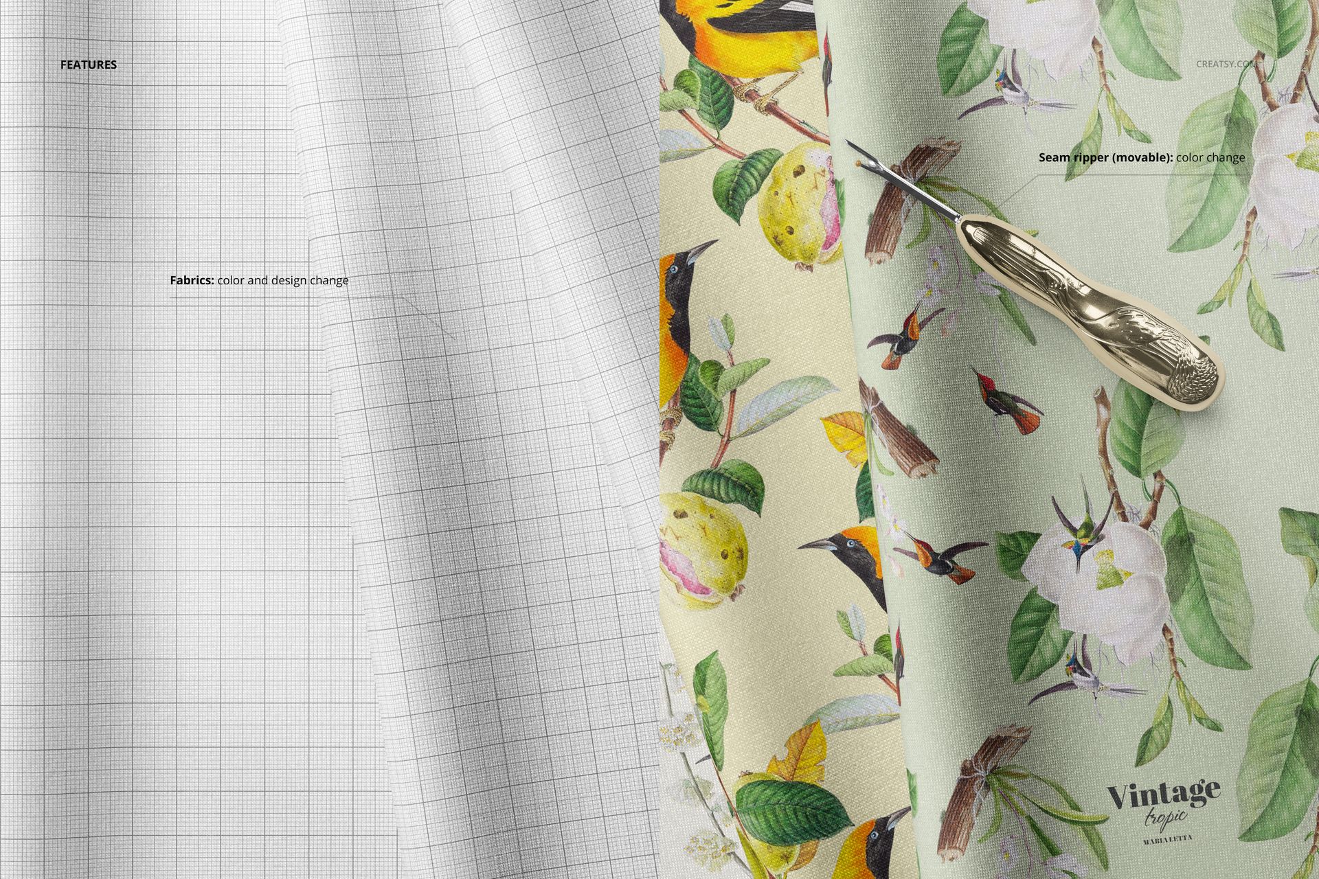 Folded fabric mockup featuring two fabric pieces, one with a grid pattern and one with a botanical bird design, viewed from above.