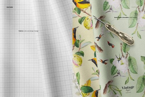 Folded fabric mockup featuring two fabric pieces, one with a grid pattern and one with a botanical bird design, viewed from above.