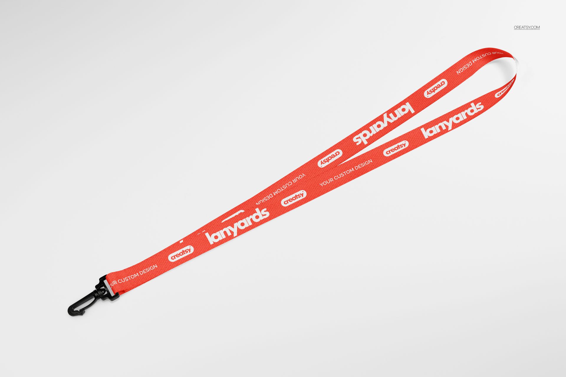 PSD mockup of a polyester lanyard featuring a red strap, white branding, and a black clasp on a clean backdrop.