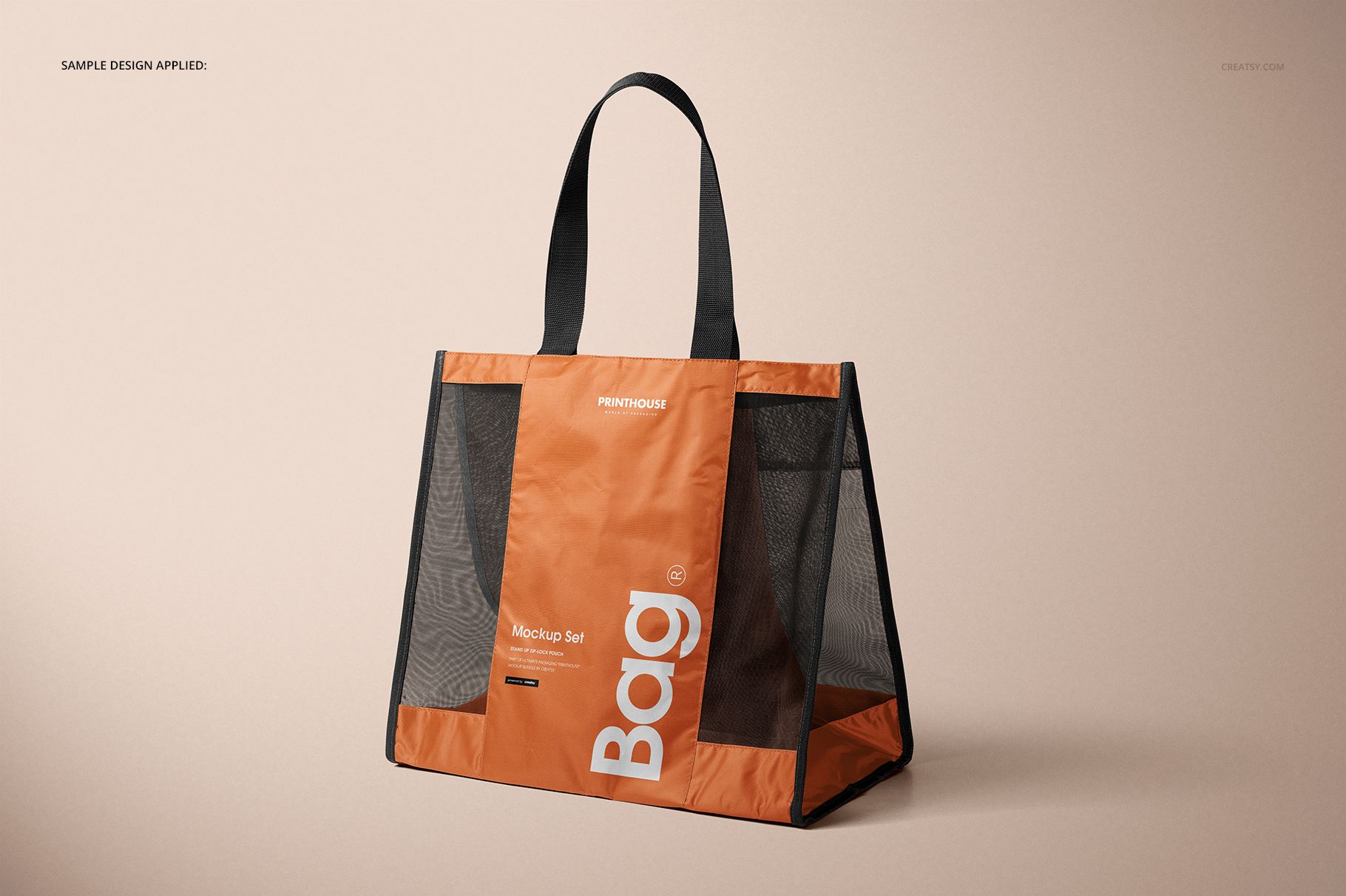 PSD mockup of a mesh tote bag featuring orange fabric, black mesh side panels, and sturdy black straps.