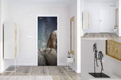 PSD mockup scene showing a door mural with a nature-inspired design, contemporary decor, and a metal sculpture.