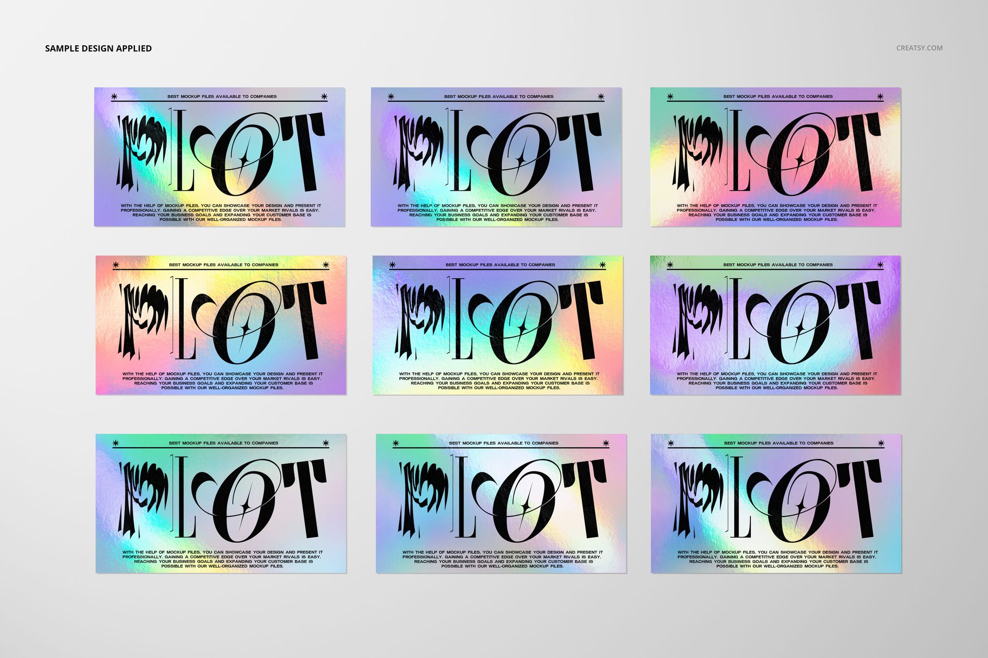 PSD mockup featuring multiple holographic business cards in a grid layout, showing iridescent colors and large black lettering.