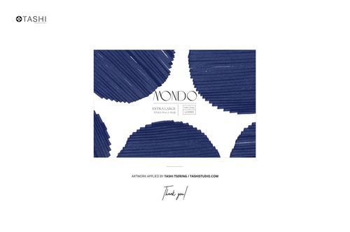 Front view of flowers packaging mockup with blue abstract striped pattern and central product label on white background.