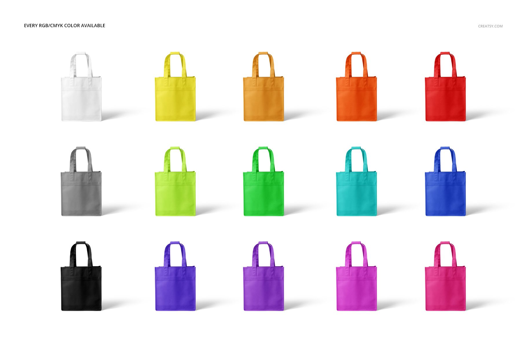 PSD mockup set featuring multiple non-woven wine tote bags in different vibrant colors, neatly organized in rows.