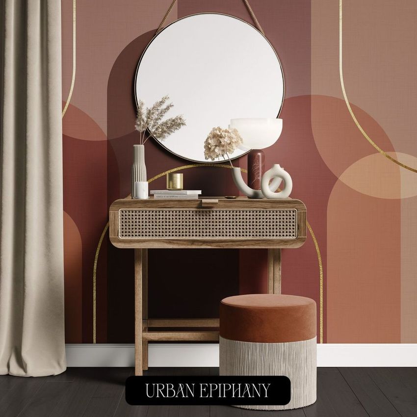 Dressing table mockup featuring a round mirror, decorative lamp, and dried floral arrangement against an arched patterned wall.