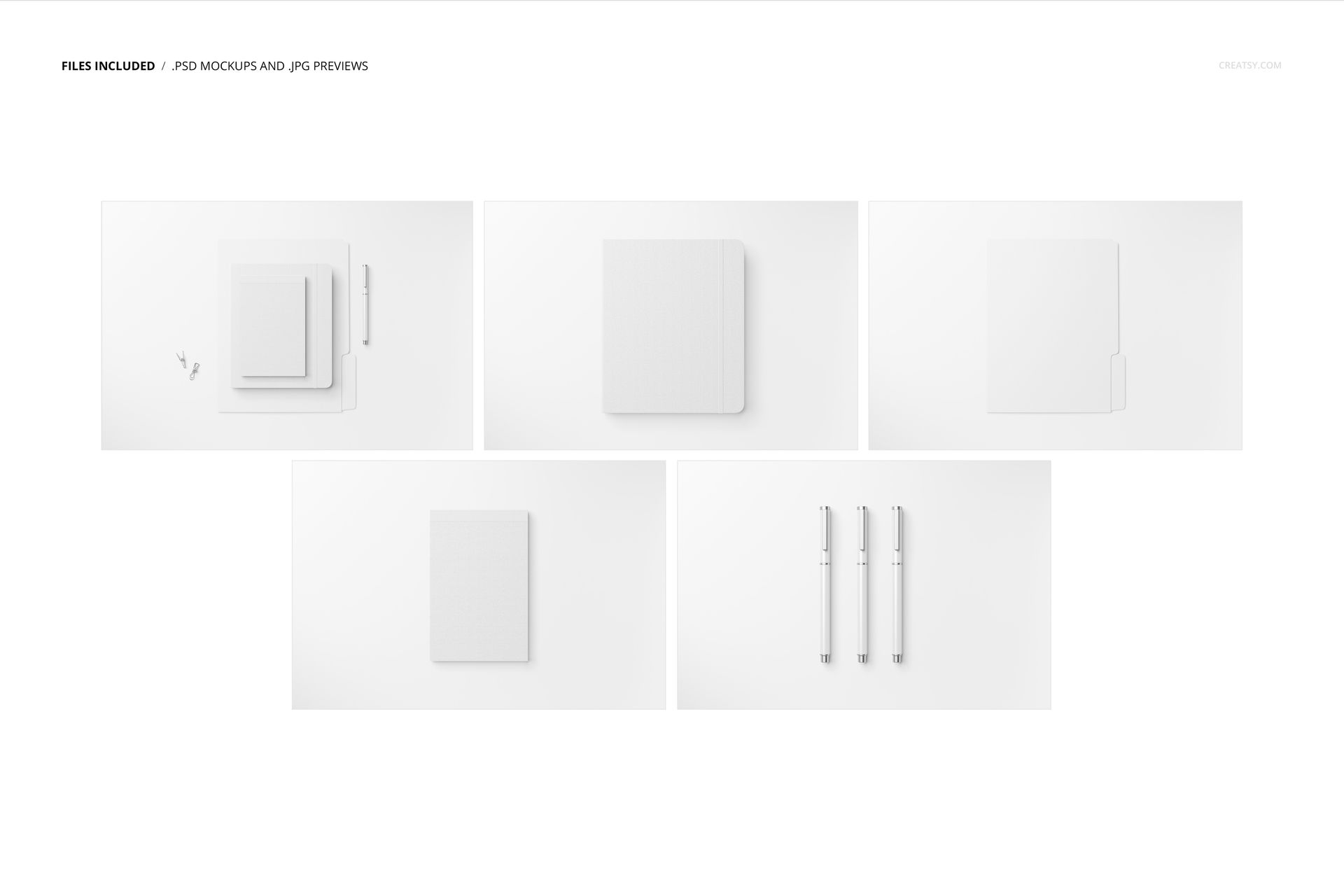 Stationery set mockup showing various paper sheets, envelopes, and pens arranged on a white background in top view.