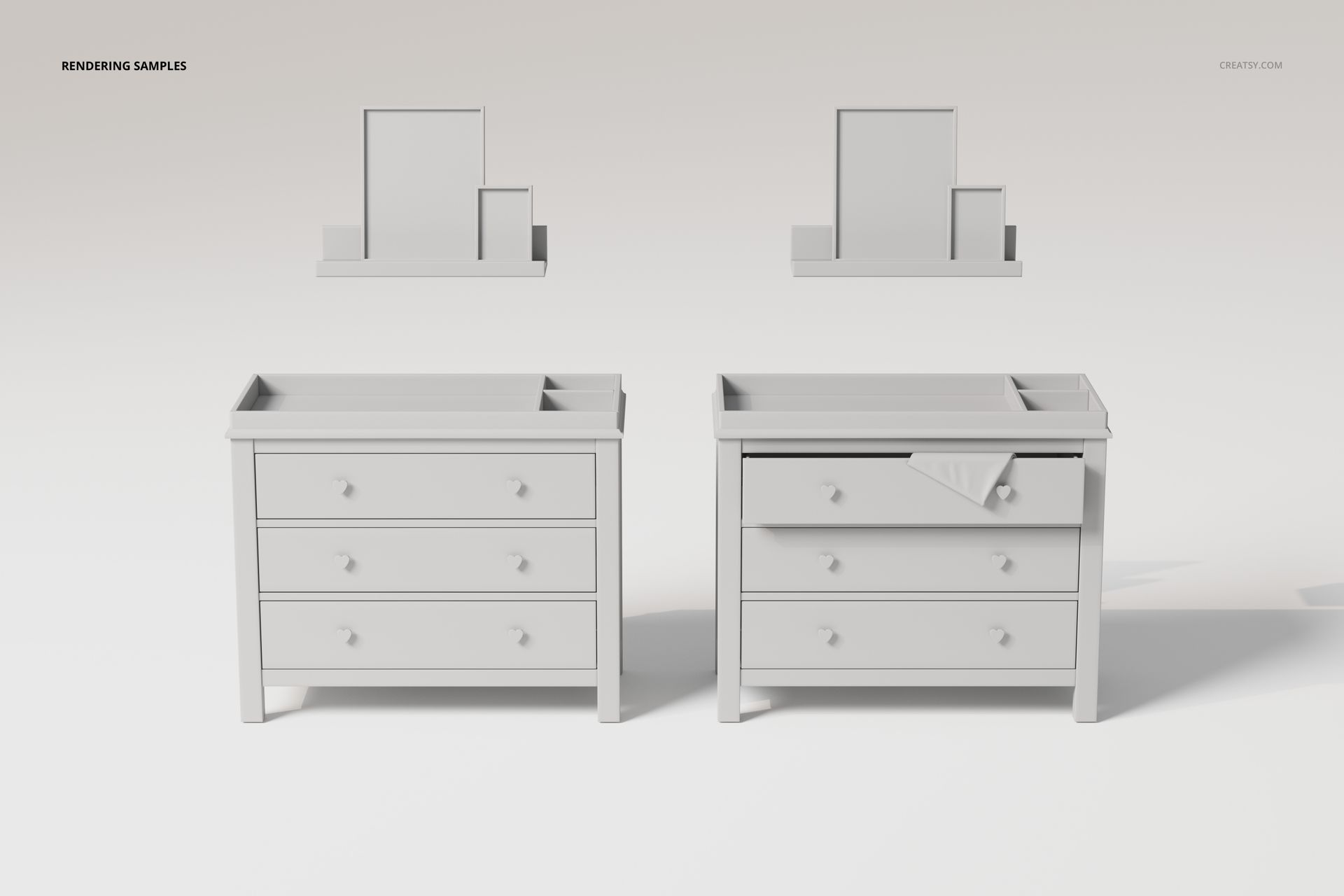 Front view of two white nursery dressers with three drawers, shown on a plain background with minimal props.