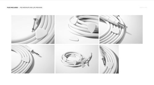 White guitar pick and jack cable arranged in various positions on a clean surface, shown in a PSD mockup set.