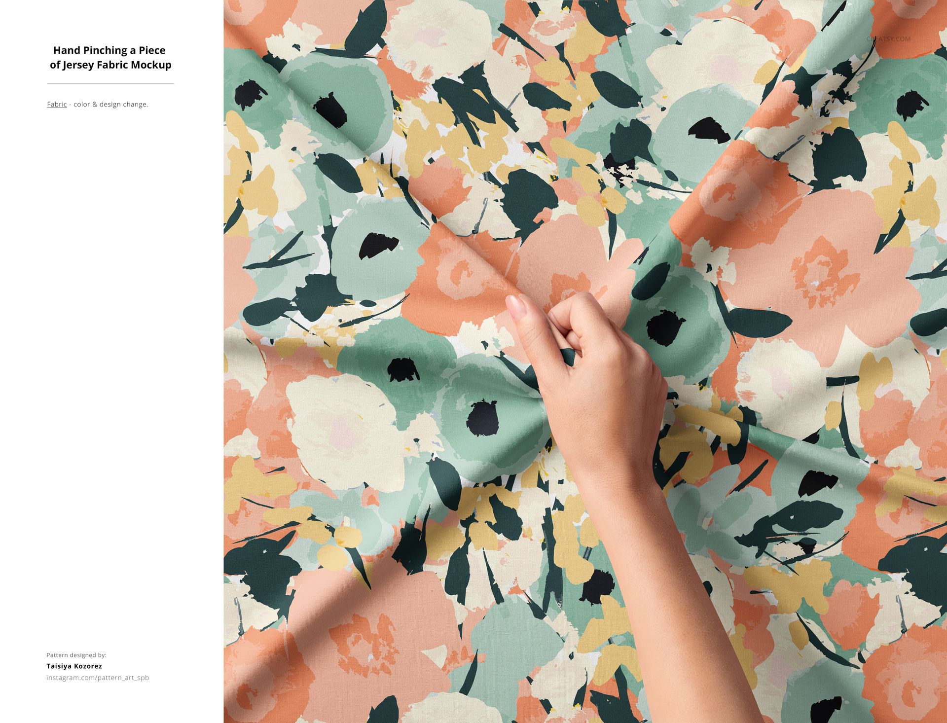 Jersey fabric mockup featuring a hand holding patterned cloth with abstract floral designs, viewed from above.