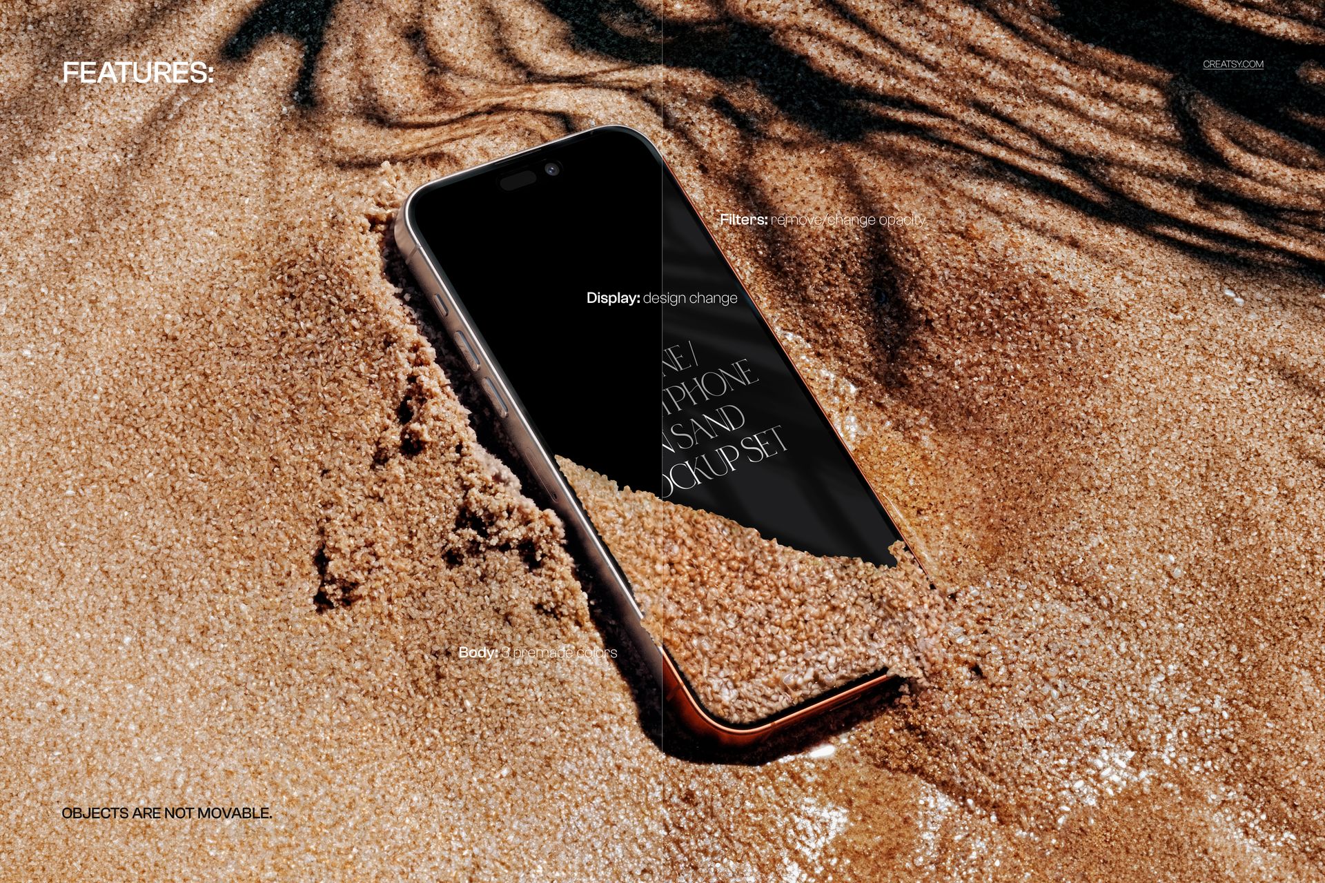 iPhone smartphone partially buried in golden sand, front view with screen visible, realistic mockup scene.