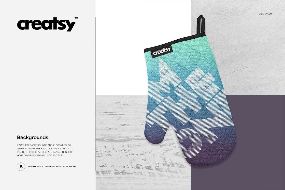 Kitchen oven mitt mockup with geometric gradient pattern in blue, teal, and purple, displayed on a textured background.