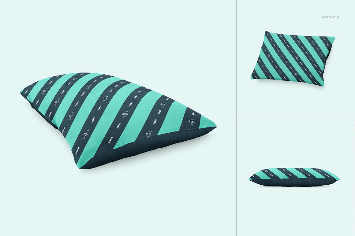 Rectangular pet pillow mockup featuring teal and navy stripes with tiny symbols, displayed from multiple angles.