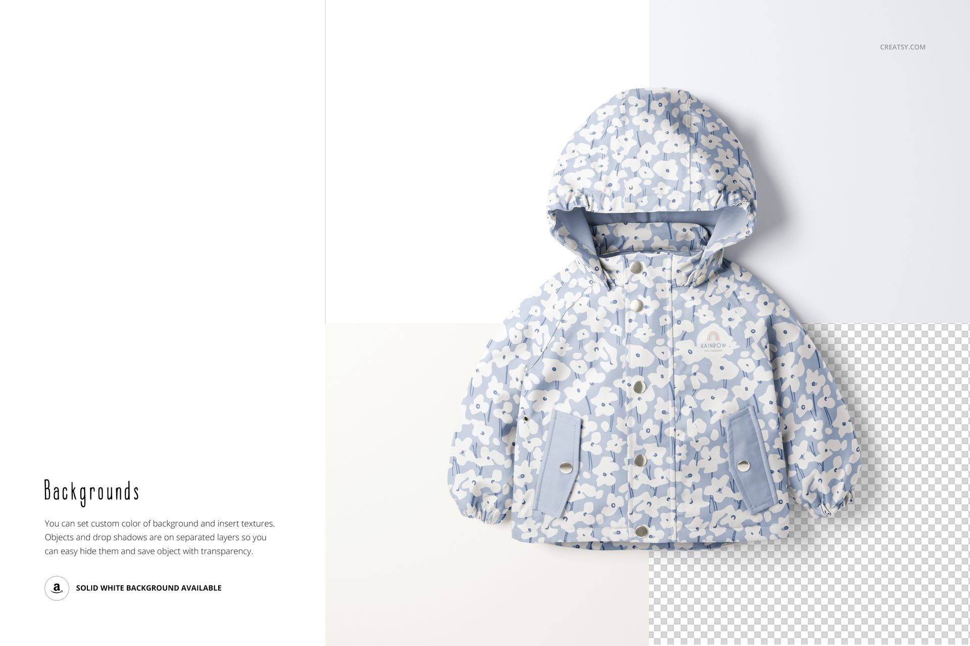 Front view of a kids rain jacket mockup with a blue and white animal pattern, displayed on a split background.