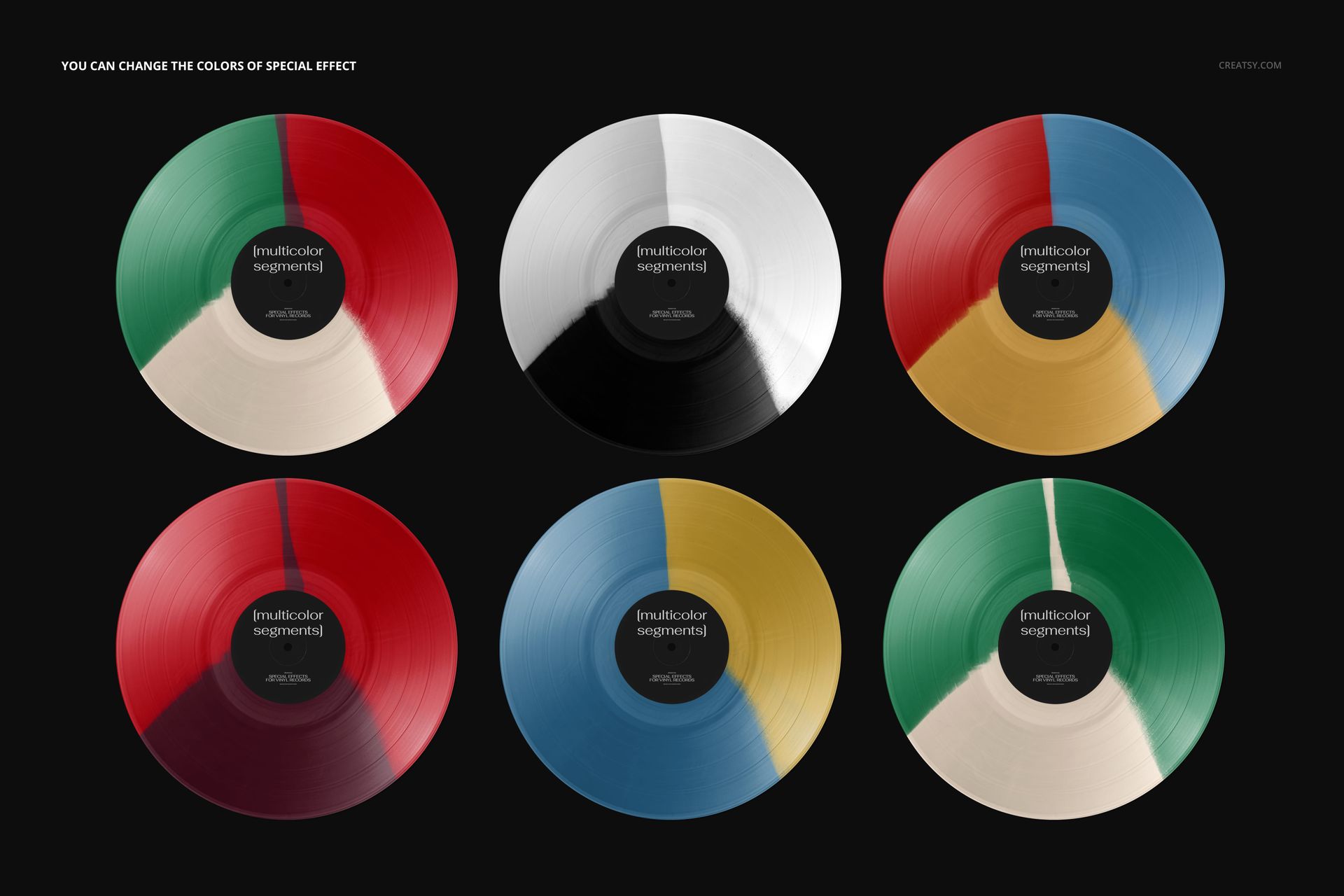 Colorful segmented vinyl record mockup showing six records with different color combinations, viewed from above.
