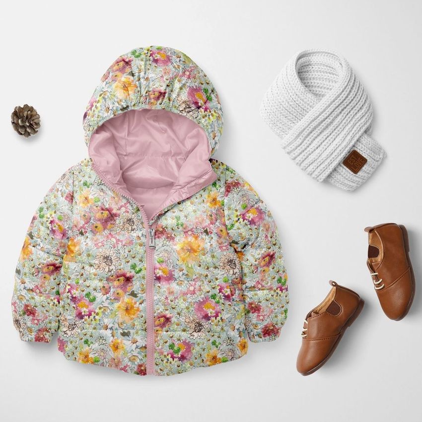 Kids winter set mockup featuring a floral hooded jacket, white knitted scarf, and brown leather shoes on a white background.