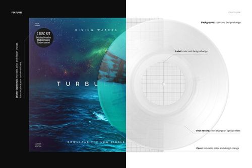 Front view of a vinyl record and cover mockup, featuring a marbled effect with blue and green ocean artwork on the left.