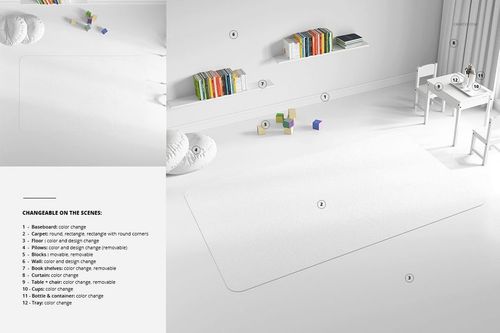 Kids room carpet mockup with a large white rectangular rug, white furniture, colorful toys, and bookshelves in a bright setting.