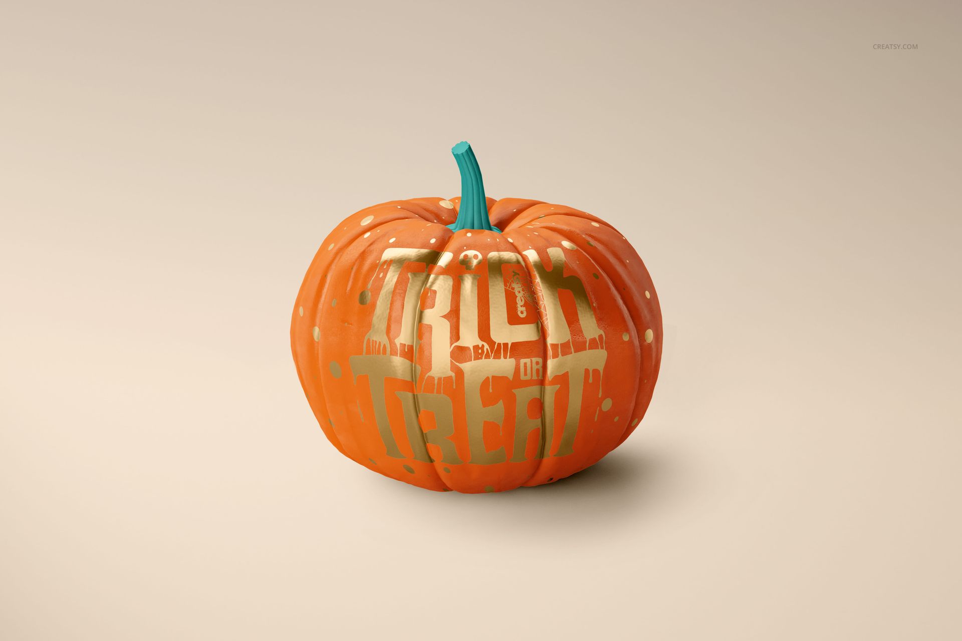 Orange pumpkin mockup with green stem, decorated with bold 'Trick or Treat' lettering and white spots, isolated on light surface.