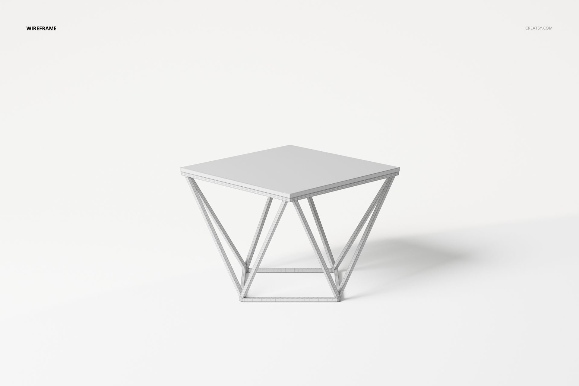 Industrial-style coffee table with a geometric diamond-shaped metal base and square top, front view on white background.