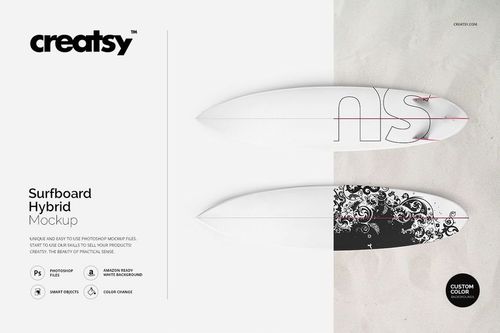 Surfboard hybrid PSD mockup featuring two surfboards, one plain white and one with a decorative black motif, top perspective.