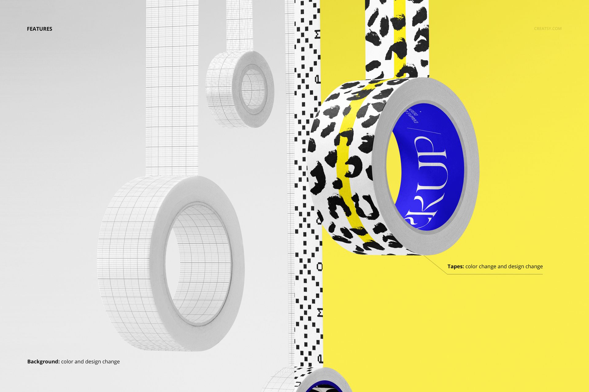 Front view of hanging tape rolls mockup, featuring various tape designs against a split white and yellow background.