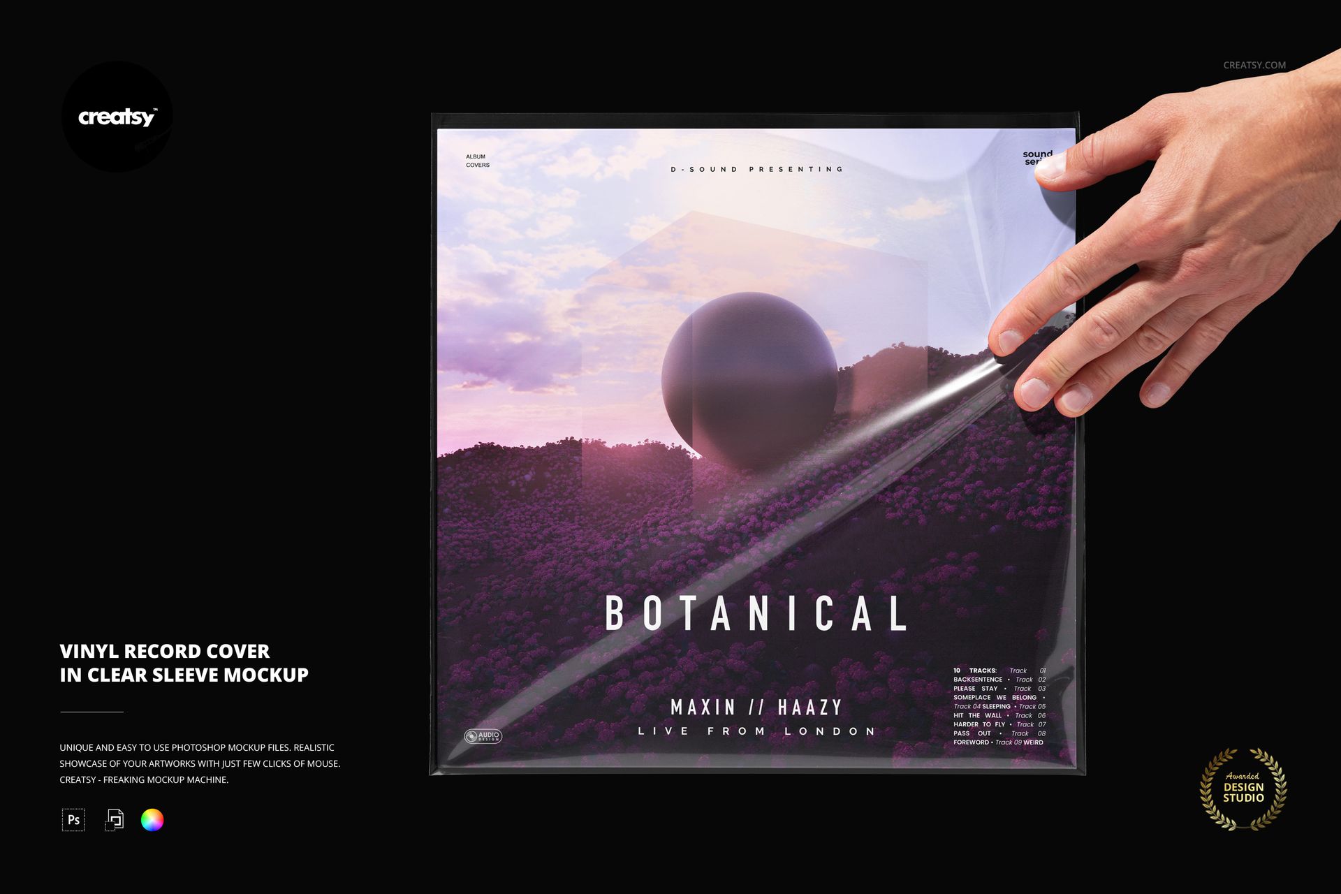 PSD mockup showing a vinyl record cover with a modern graphic, held by a hand and inserted into a clear sleeve.