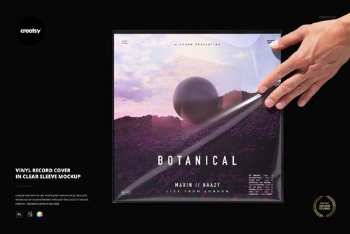 PSD mockup showing a vinyl record cover with a modern graphic, held by a hand and inserted into a clear sleeve.