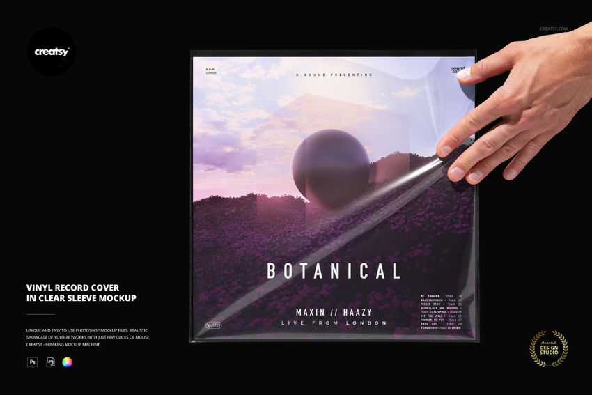 PSD mockup showing a vinyl record cover with a modern graphic, held by a hand and inserted into a clear sleeve.