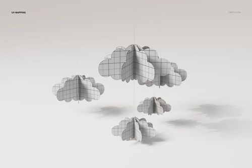 Front view of a baby mobile featuring several 3D cloud shapes suspended by thin strings, with a grid pattern on each cloud.