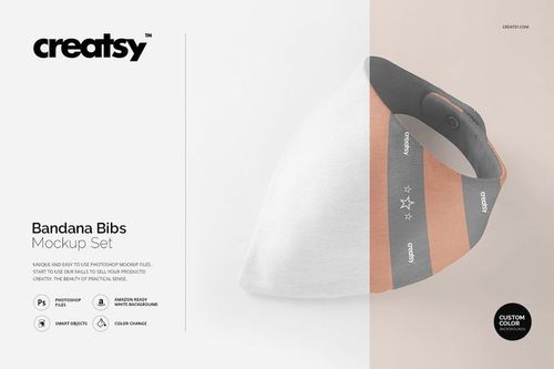 Bandana bib mockup featuring diagonal orange, gray, and white stripes, shown from a front angle with a button closure.