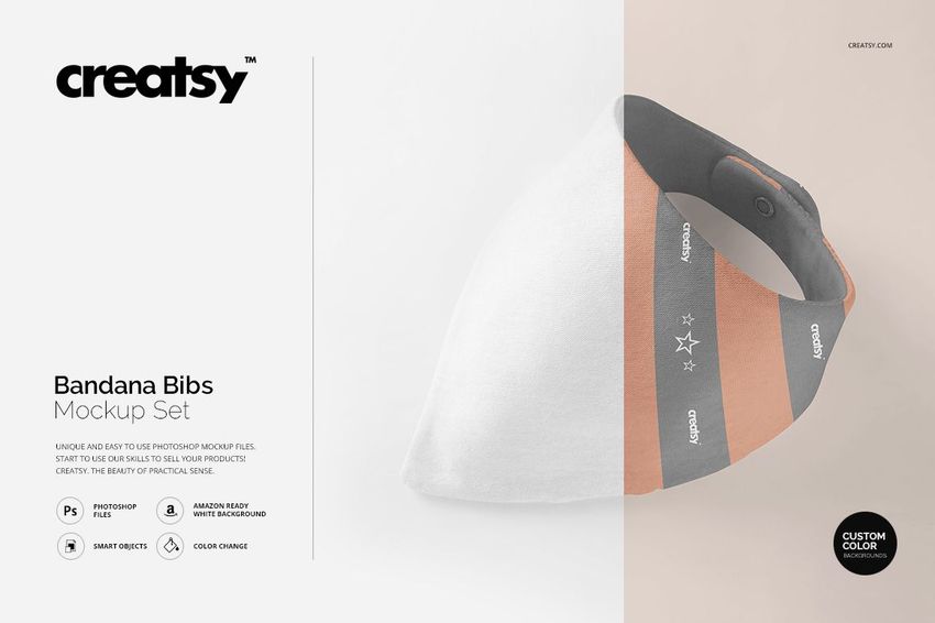 Bandana bib mockup featuring diagonal orange, gray, and white stripes, shown from a front angle with a button closure.