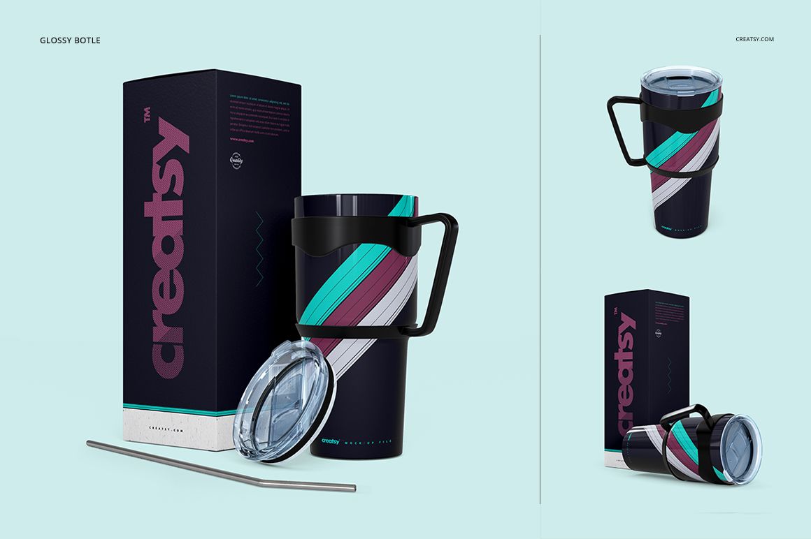 Glossy stainless steel tumbler mockup with clear lid, metal straw, and geometric striped design, displayed next to packaging.