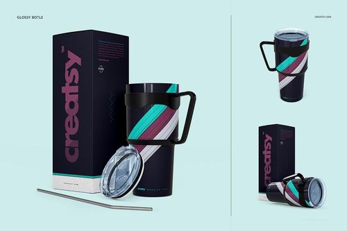 Glossy stainless steel tumbler mockup with clear lid, metal straw, and geometric striped design, displayed next to packaging.