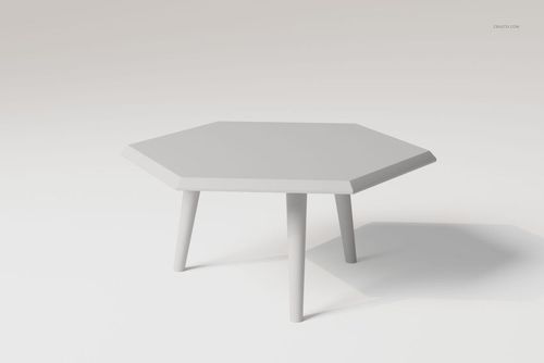 Hexagonal coffee table with angled legs in matte light gray, shown from a front angle on a plain background.