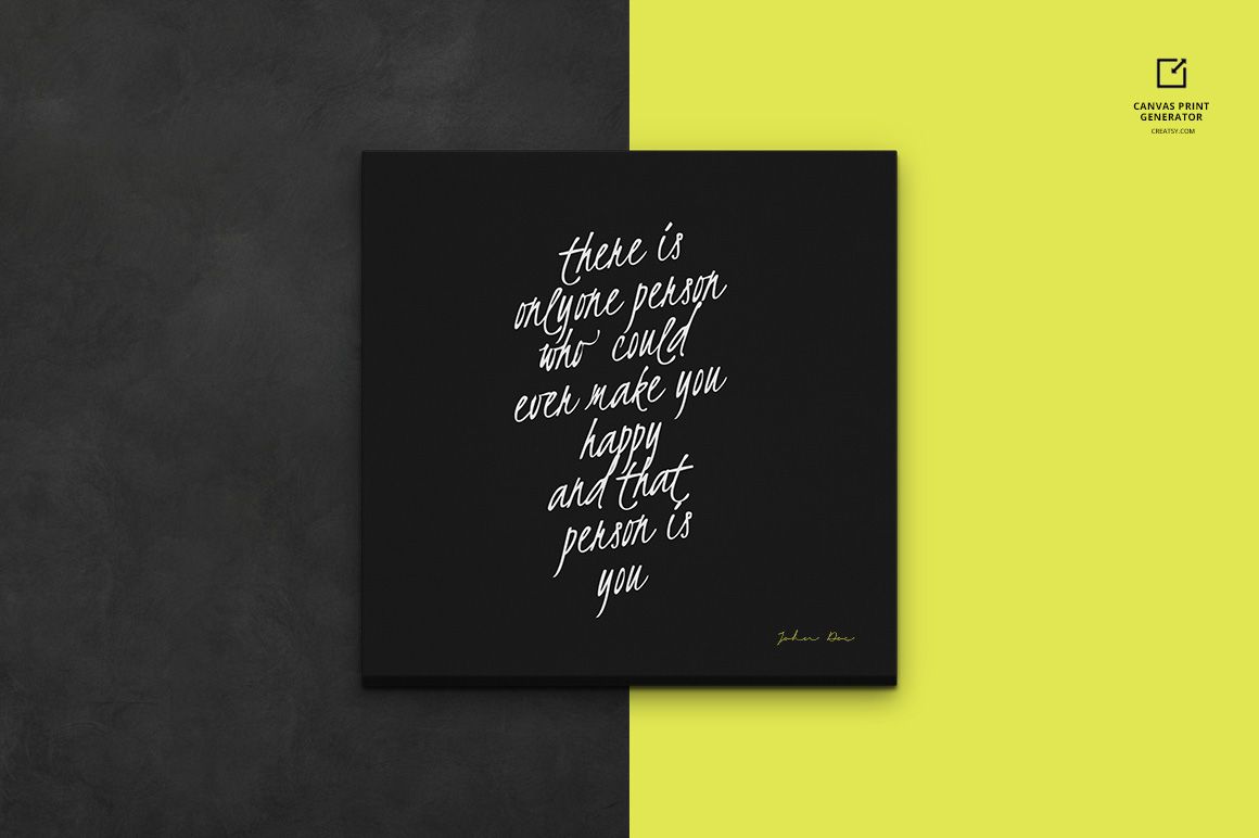 Front view of a canvas print mockup with white script on black, placed on a background divided into yellow and charcoal gray.