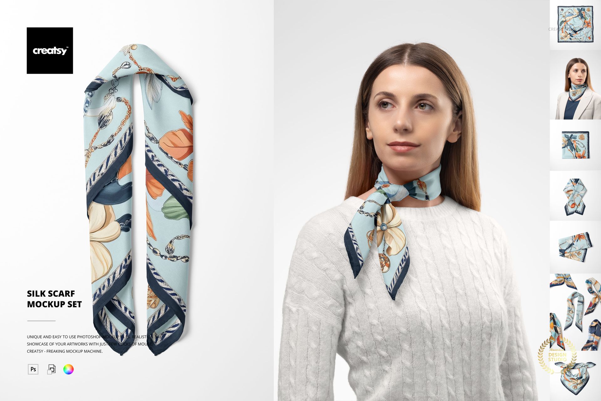 Silk scarf mockup featuring a blue and cream floral design, displayed both flat and styled on a person’s neck.