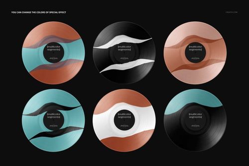 PSD mockup showing six vinyl records with various segmented color effects, each paired with a matching cover design.