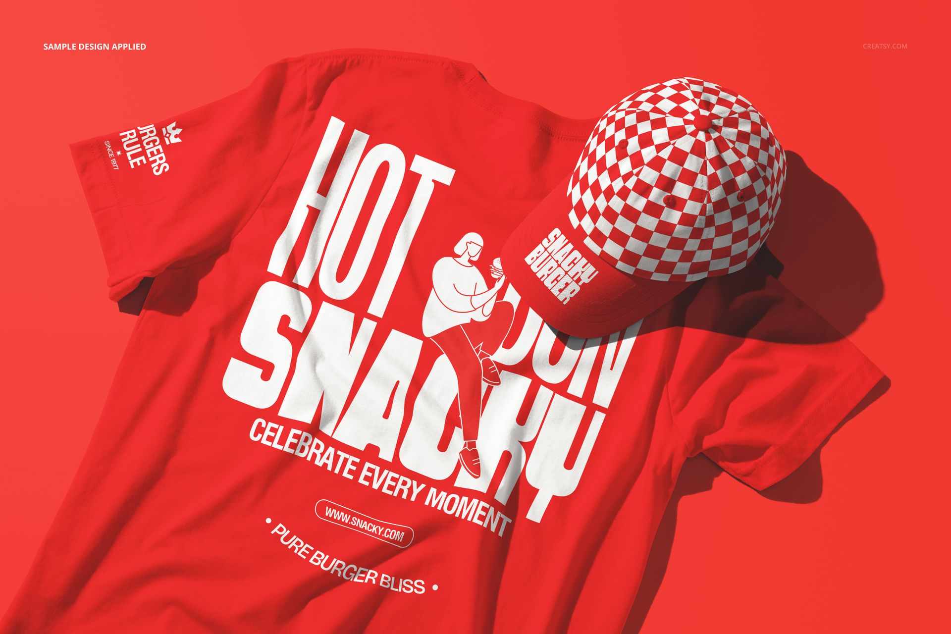 Red t-shirt and matching cap mockup with bold white graphic text and checkered pattern, shown from top view.