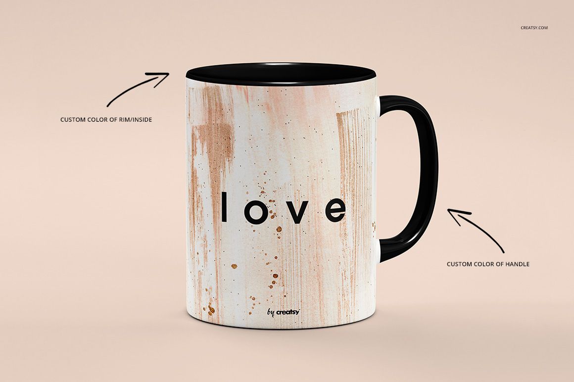 Front view of a mug mockup with customizable handle and rim, showcasing a soft abstract pattern and bold text on the side.
