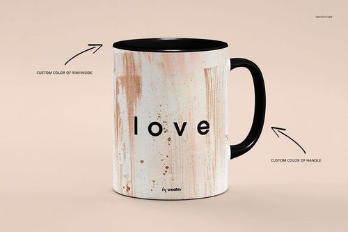 Front view of a mug mockup with customizable handle and rim, showcasing a soft abstract pattern and bold text on the side.